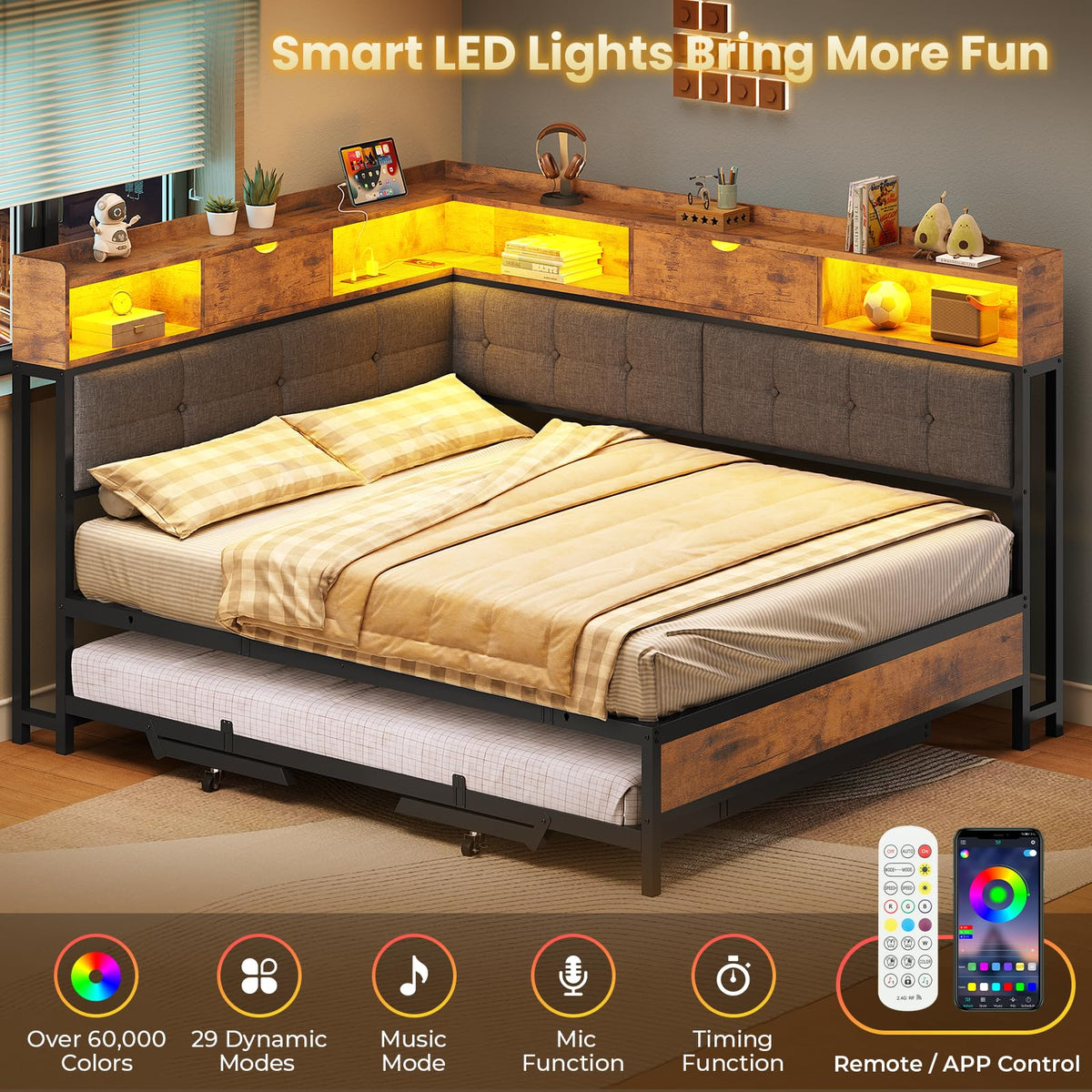 Black Corner Full Bed Frame with Trundle P598