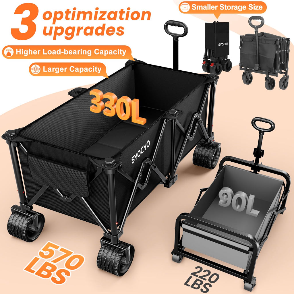 Foldable Collapsible Wagon with All-Terrain Wheels and Cup Holders, Black Y273991