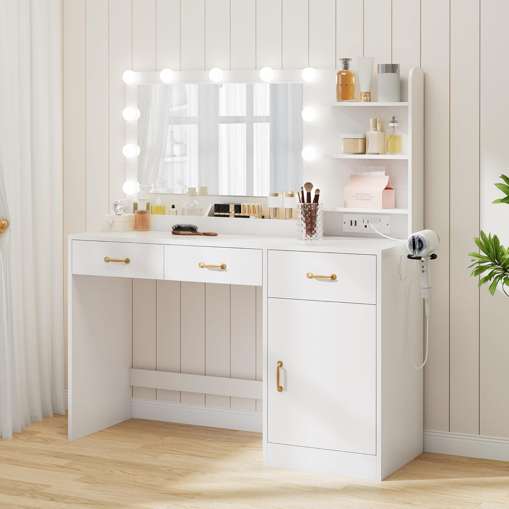 White Vanity Desk with Mirror and Lights L643