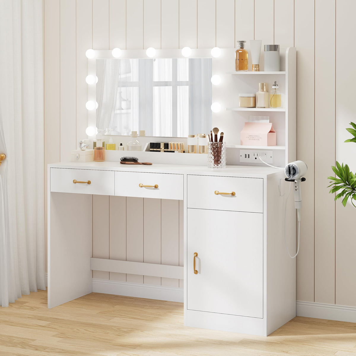 White Vanity Desk with Mirror and Lights L643