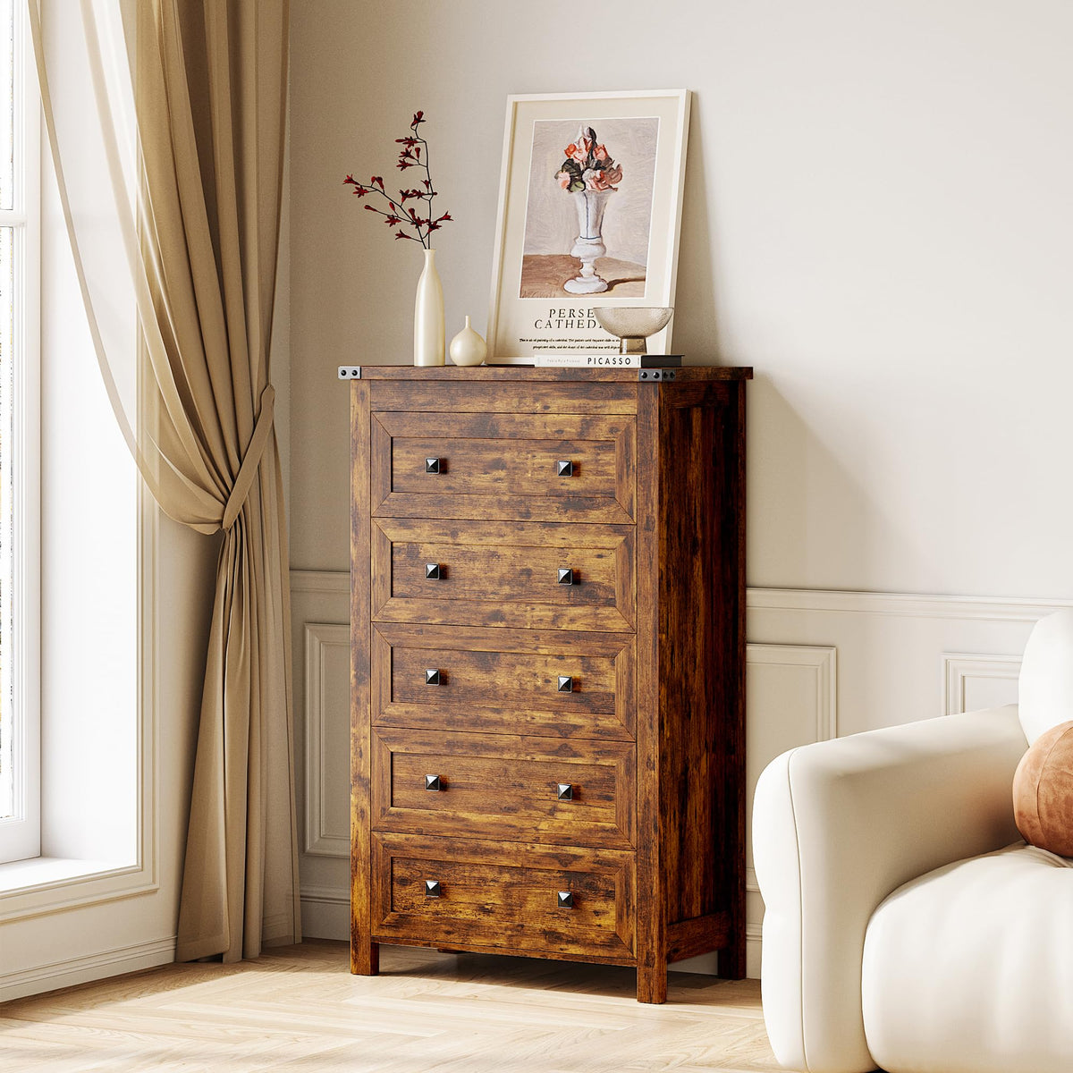 Brown Tall 5 Drawer Wood Dresser with Metal Handles C895797