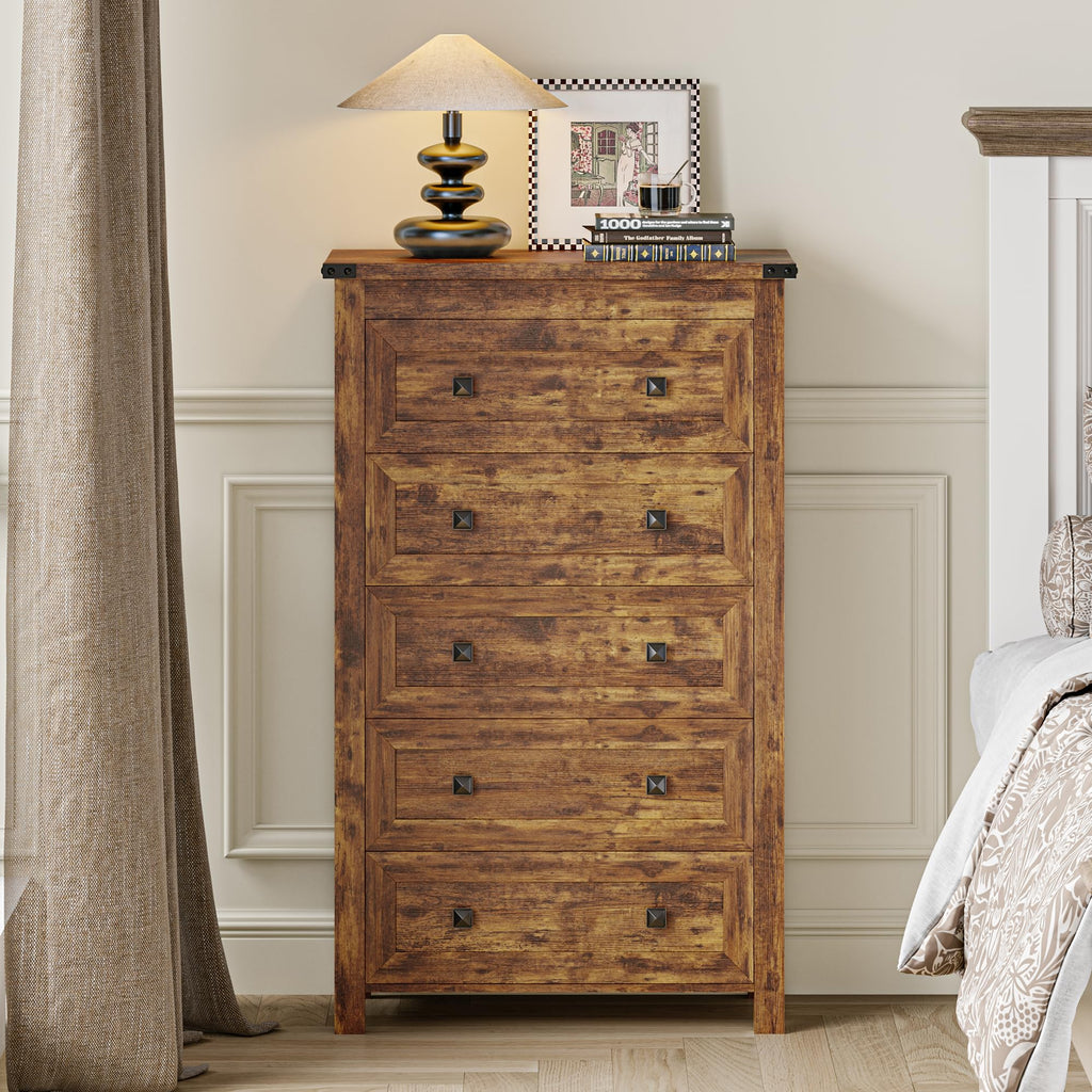 Brown Tall 5 Drawer Wood Dresser with Metal Handles C895797