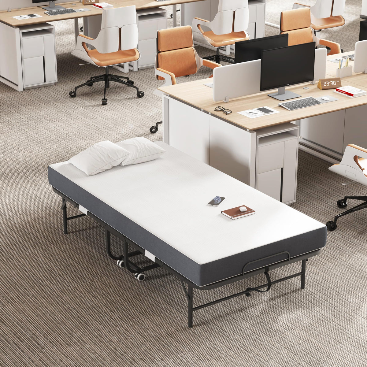 Folding Bed with Mattress, Twin Size Metal Bed Frame with Wheels S874