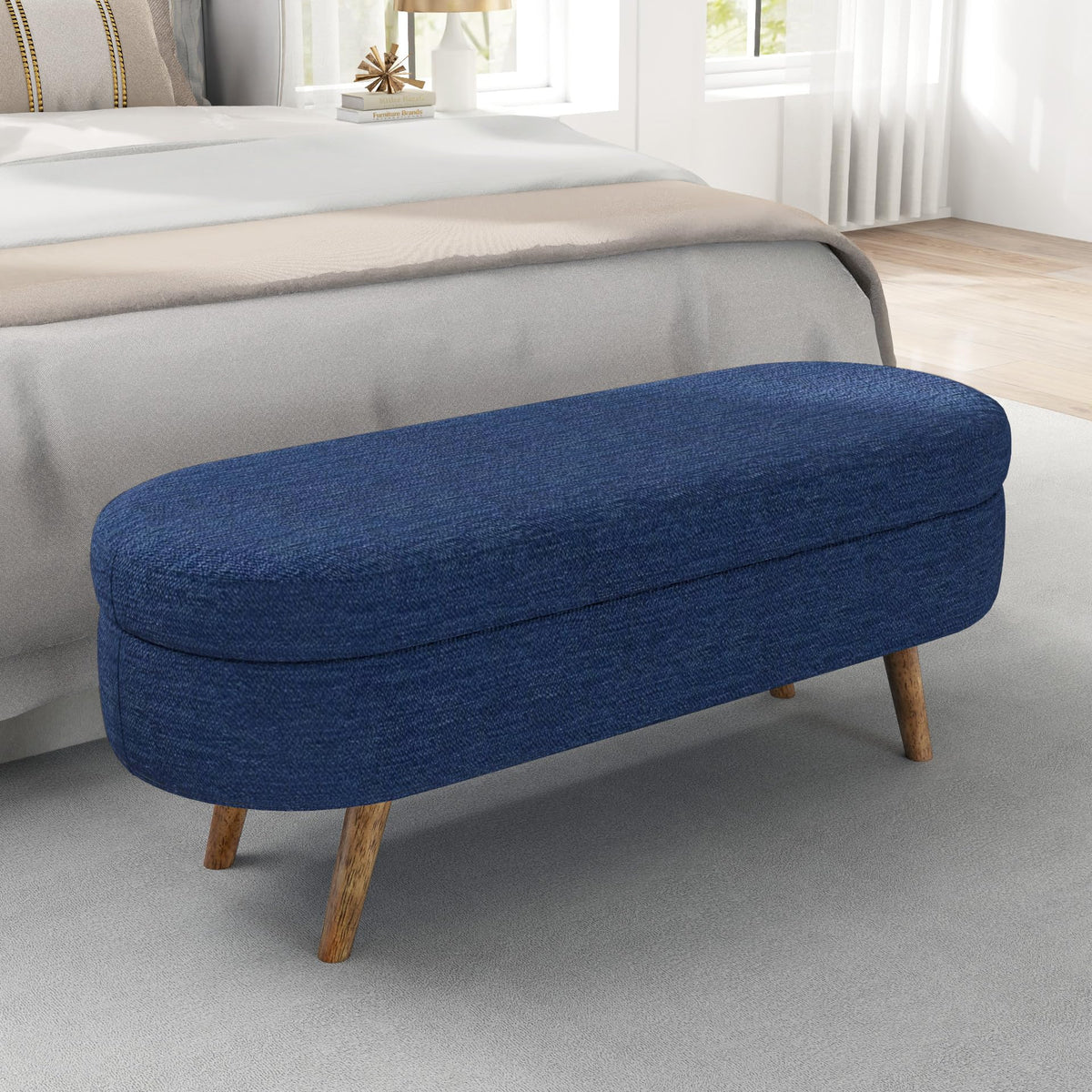 Oval Storage Bench with Rubber Wood Legs, Blue A664555
