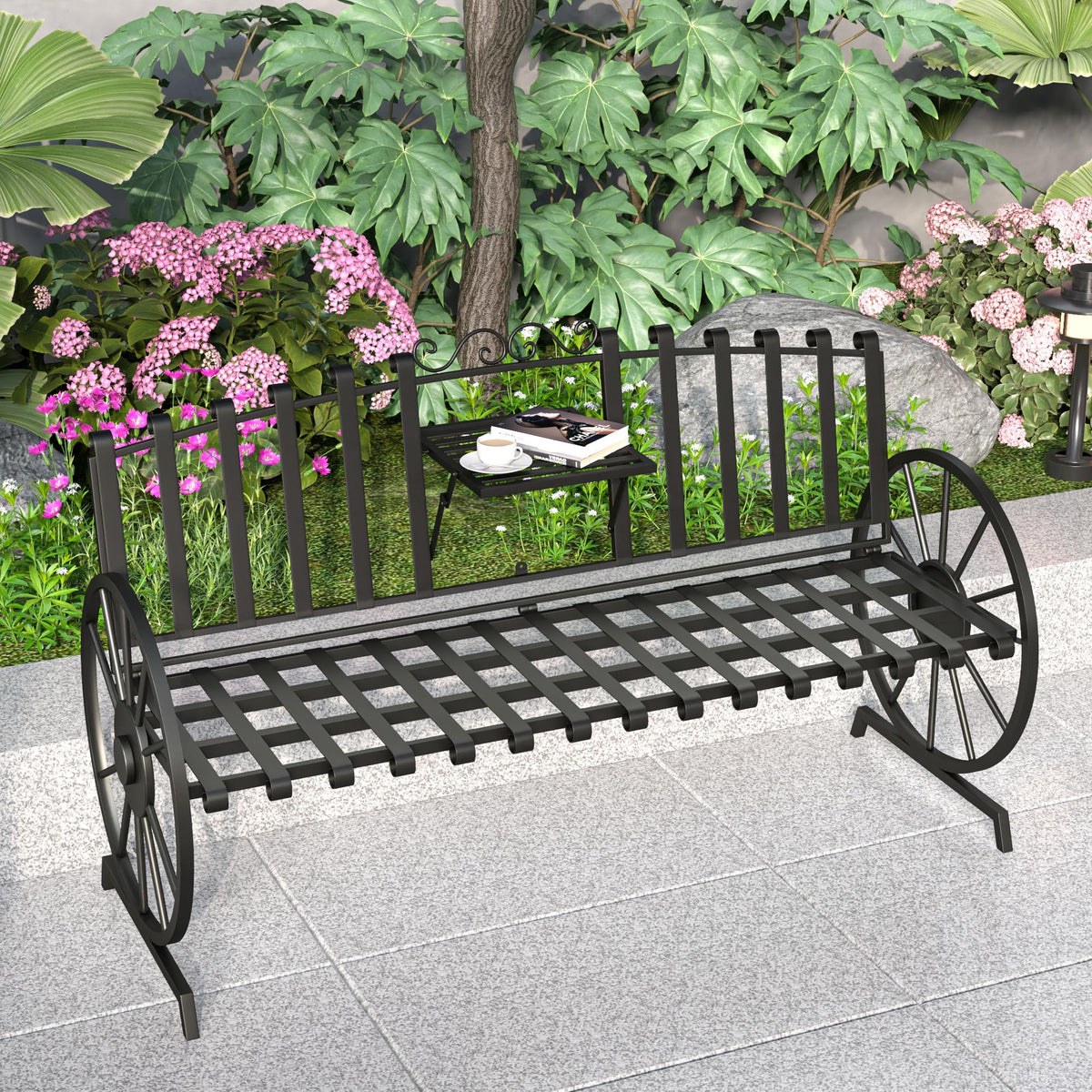 Black Outdoor Garden Bench with Built-in Table T864276