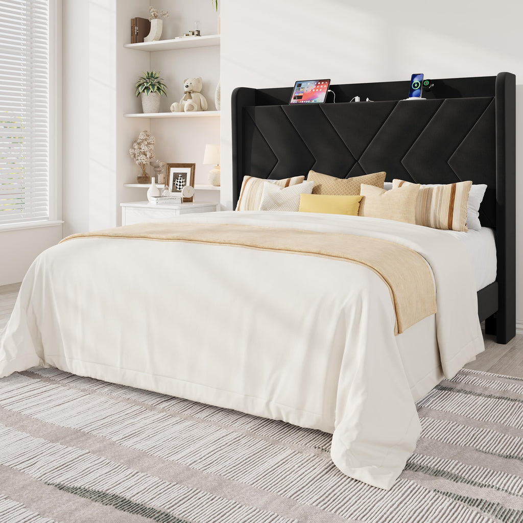 Queen Size Black Velvet Bed Frame with Charging and Shelf J36878