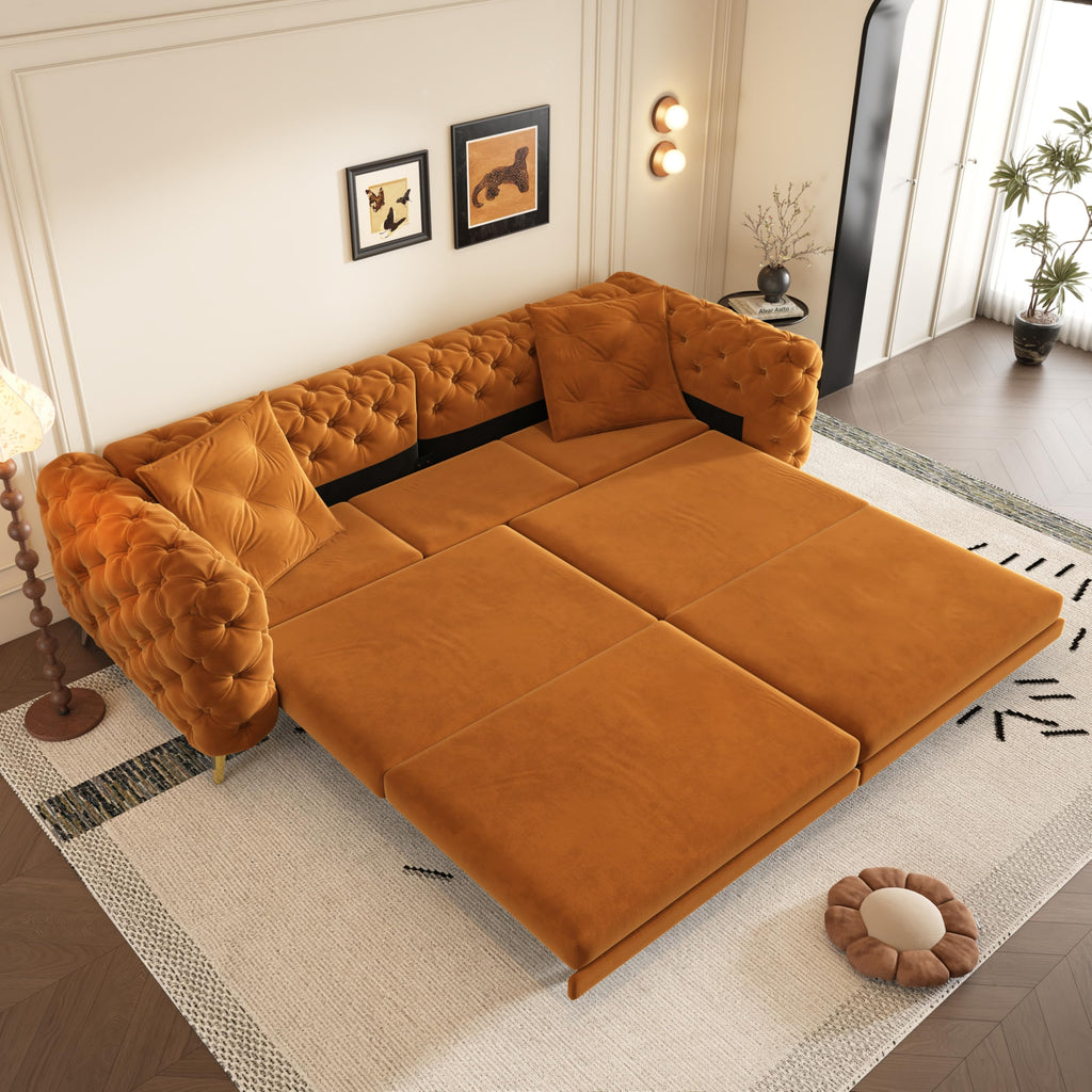 Orange Velvet Convertible Sleeper Sofa with Ottoman M682