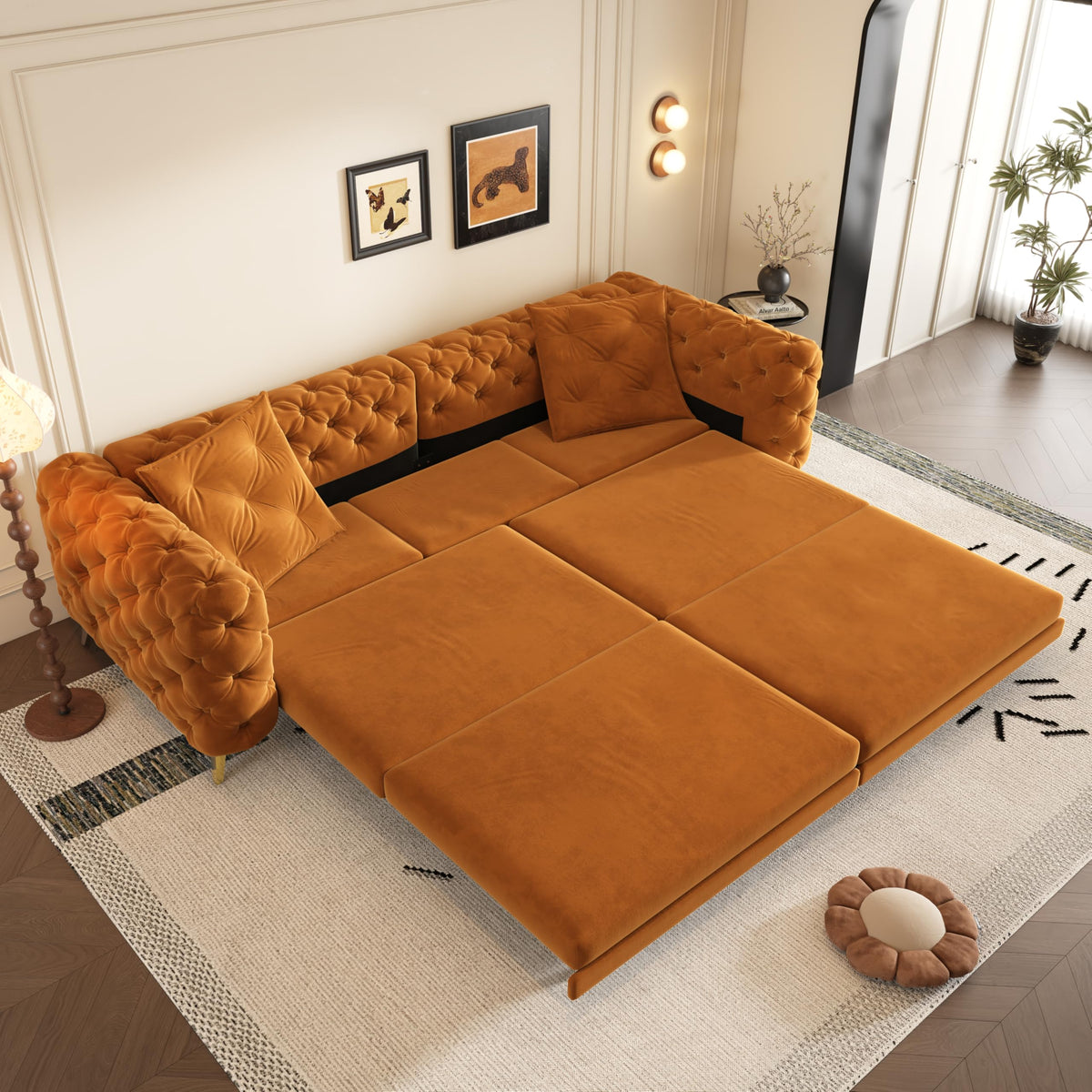 Orange Velvet Convertible Sleeper Sofa with Ottoman M682